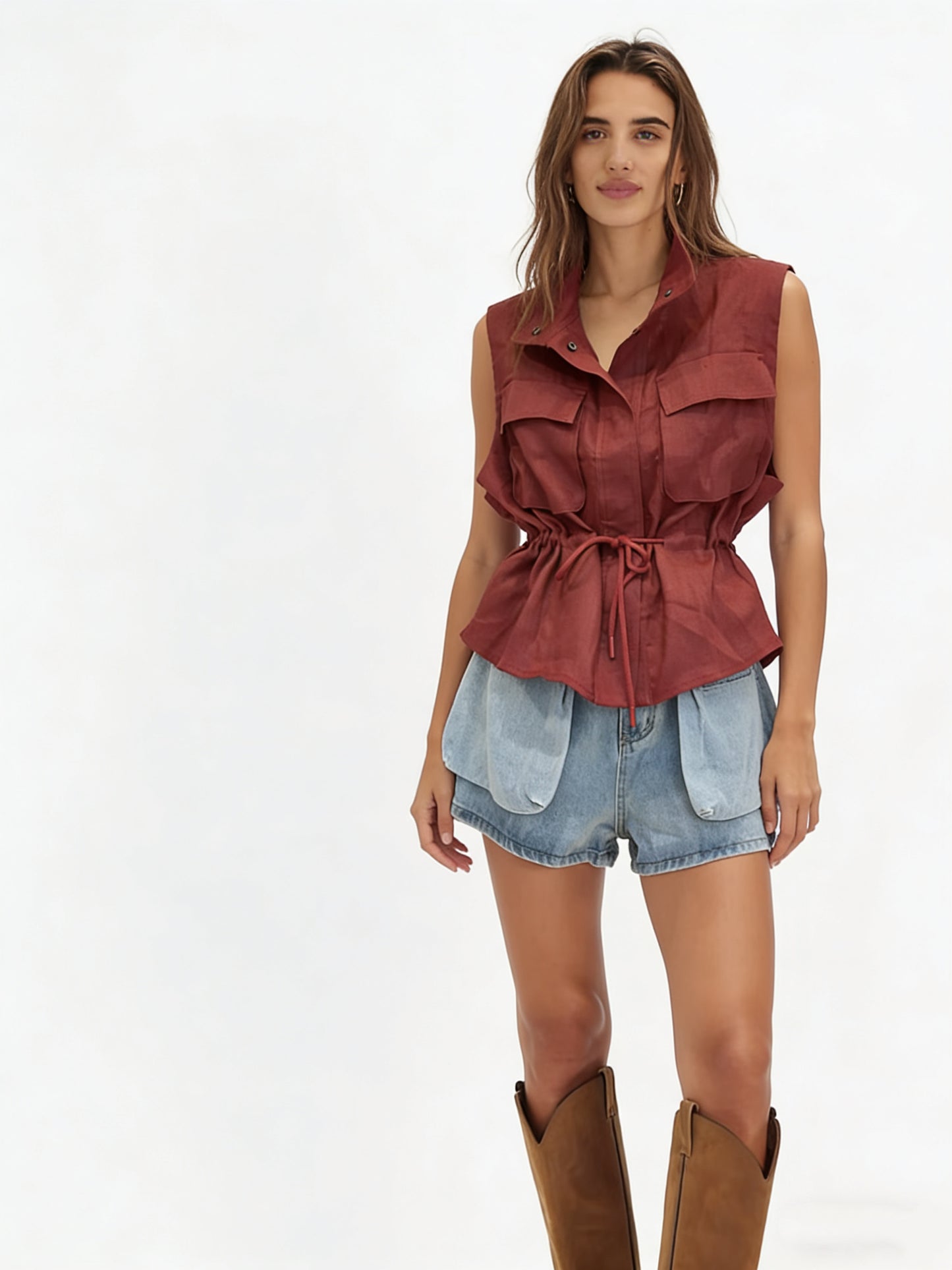 Elodie Burgundy Linen Utility Vest