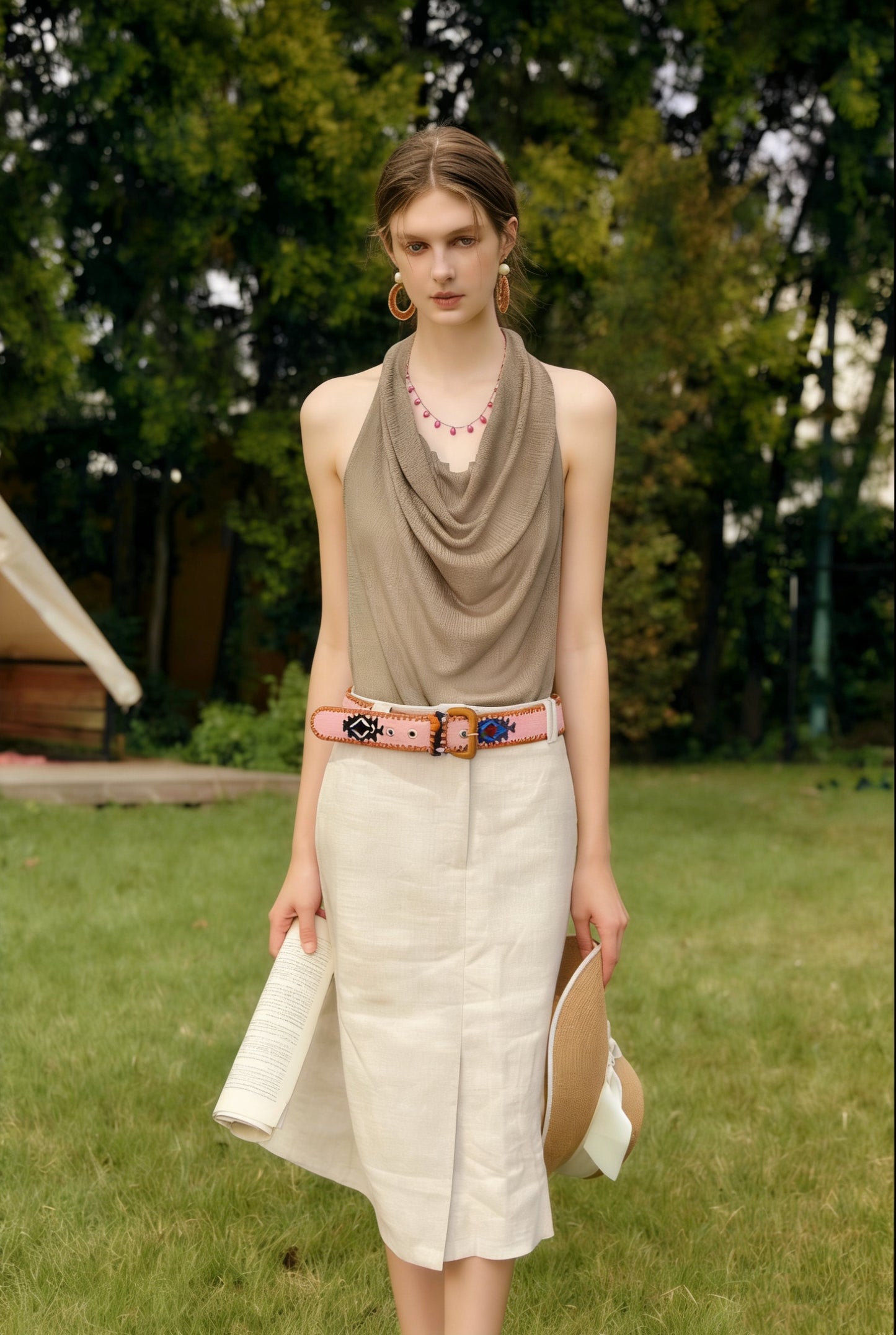 Solange Off-White Linen Slit Midi Skirt