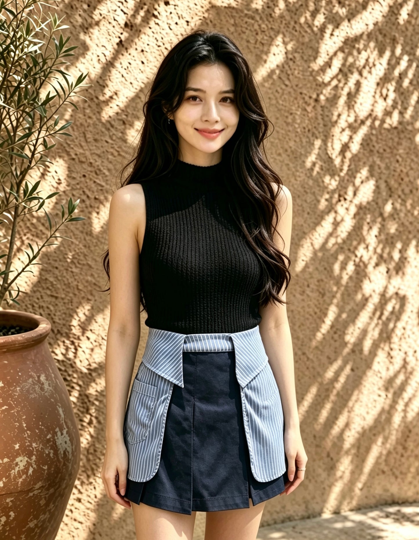 Louise Waffle-Knit Mock Neck Sleeveless Top