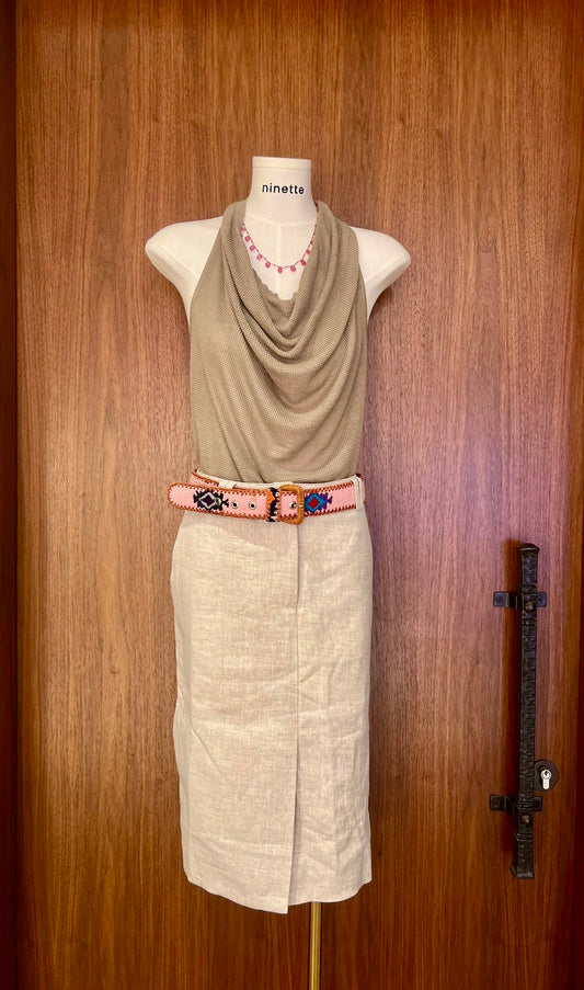 Solange Off-White Linen Slit Midi Skirt