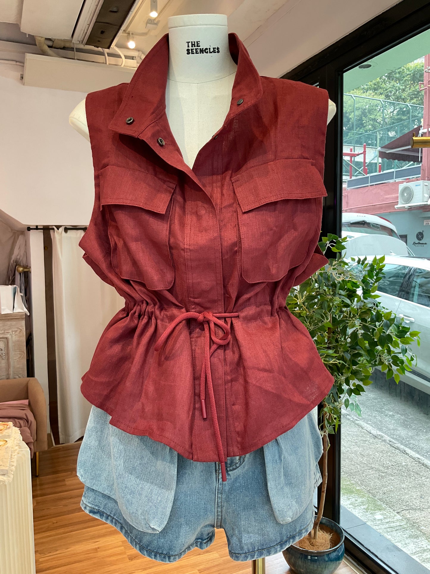 Elodie Burgundy Linen Utility Vest