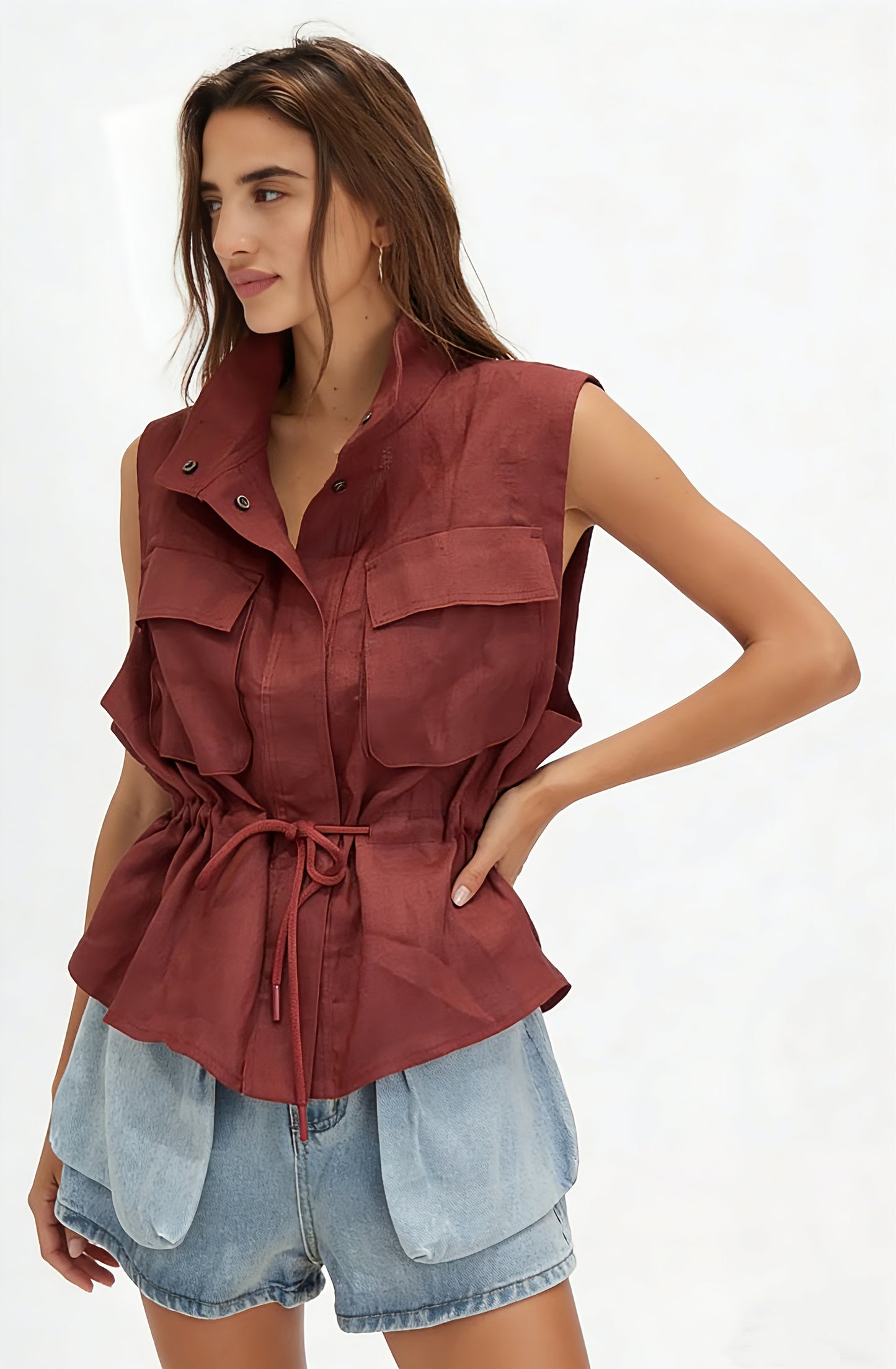Elodie Burgundy Linen Utility Vest