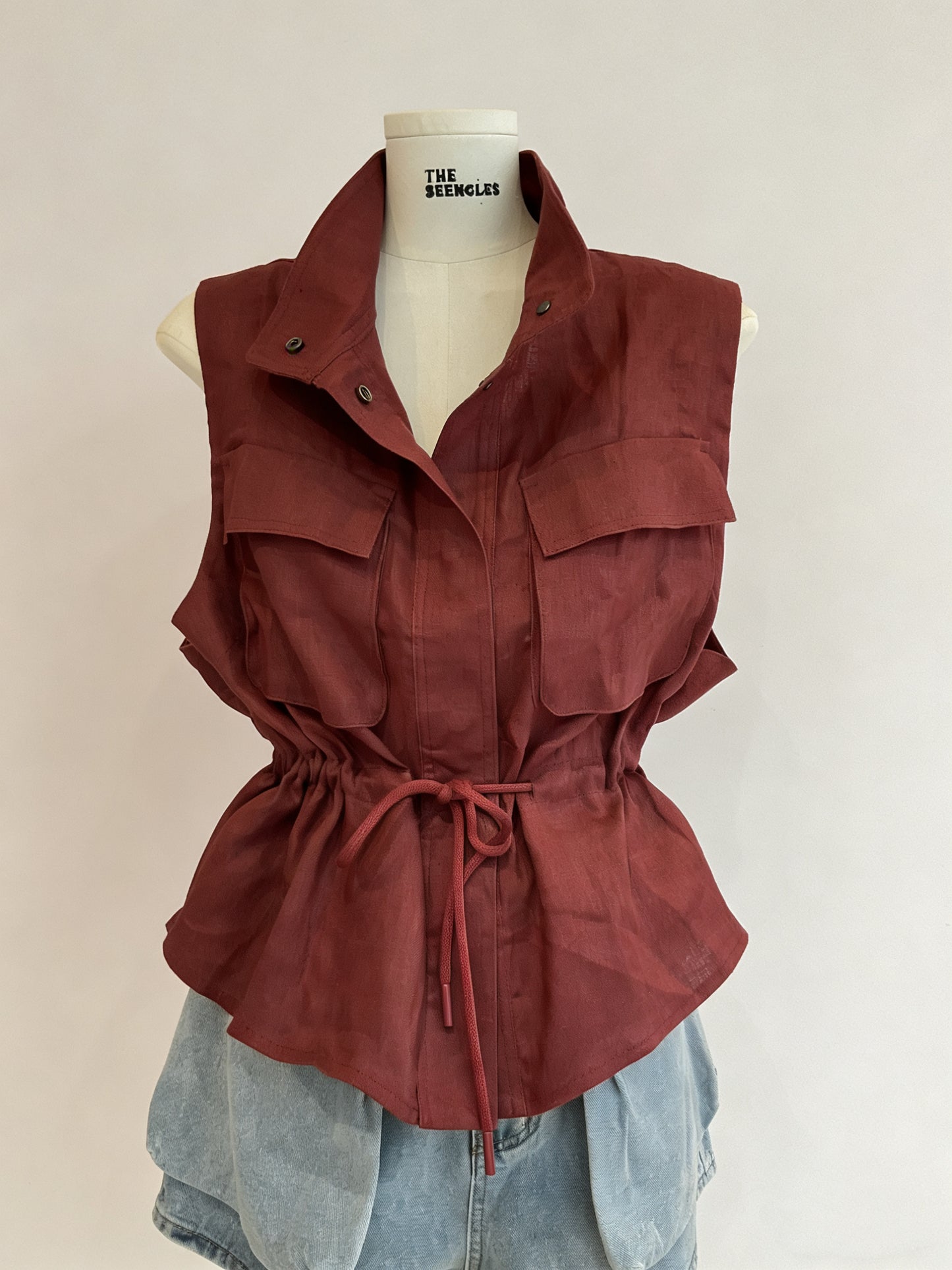 Elodie Burgundy Linen Utility Vest