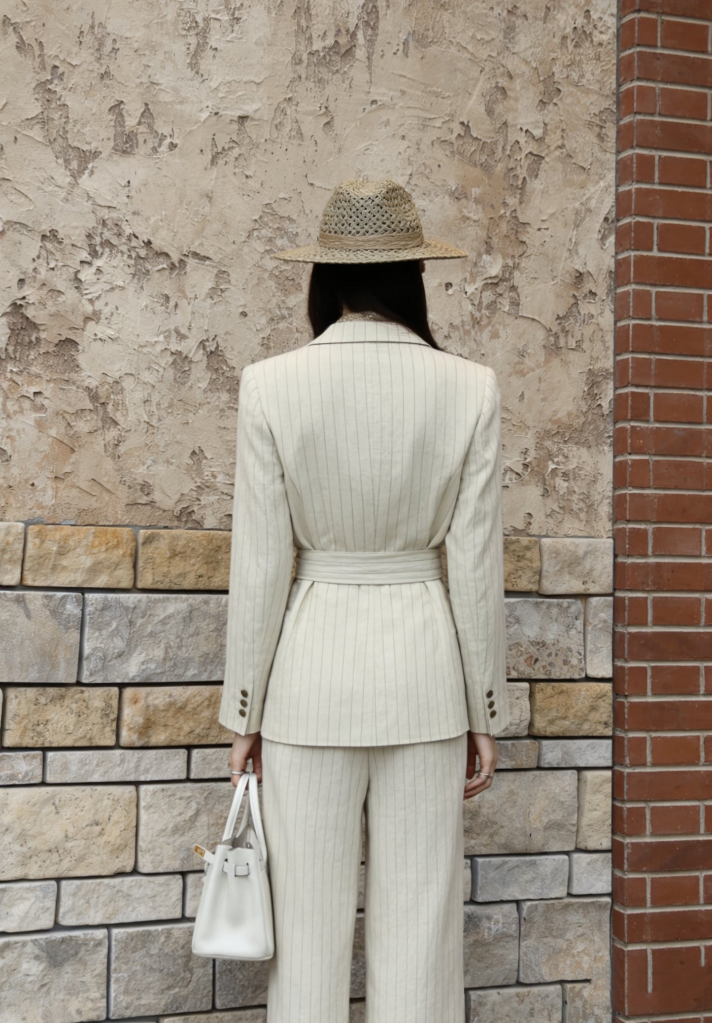 ictoire Cream Pinstripe Linen Suit