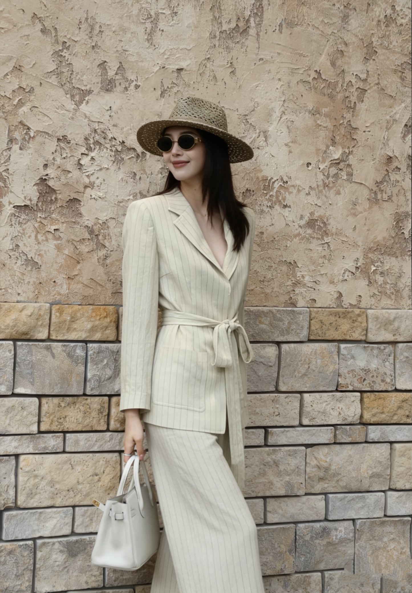 ictoire Cream Pinstripe Linen Suit
