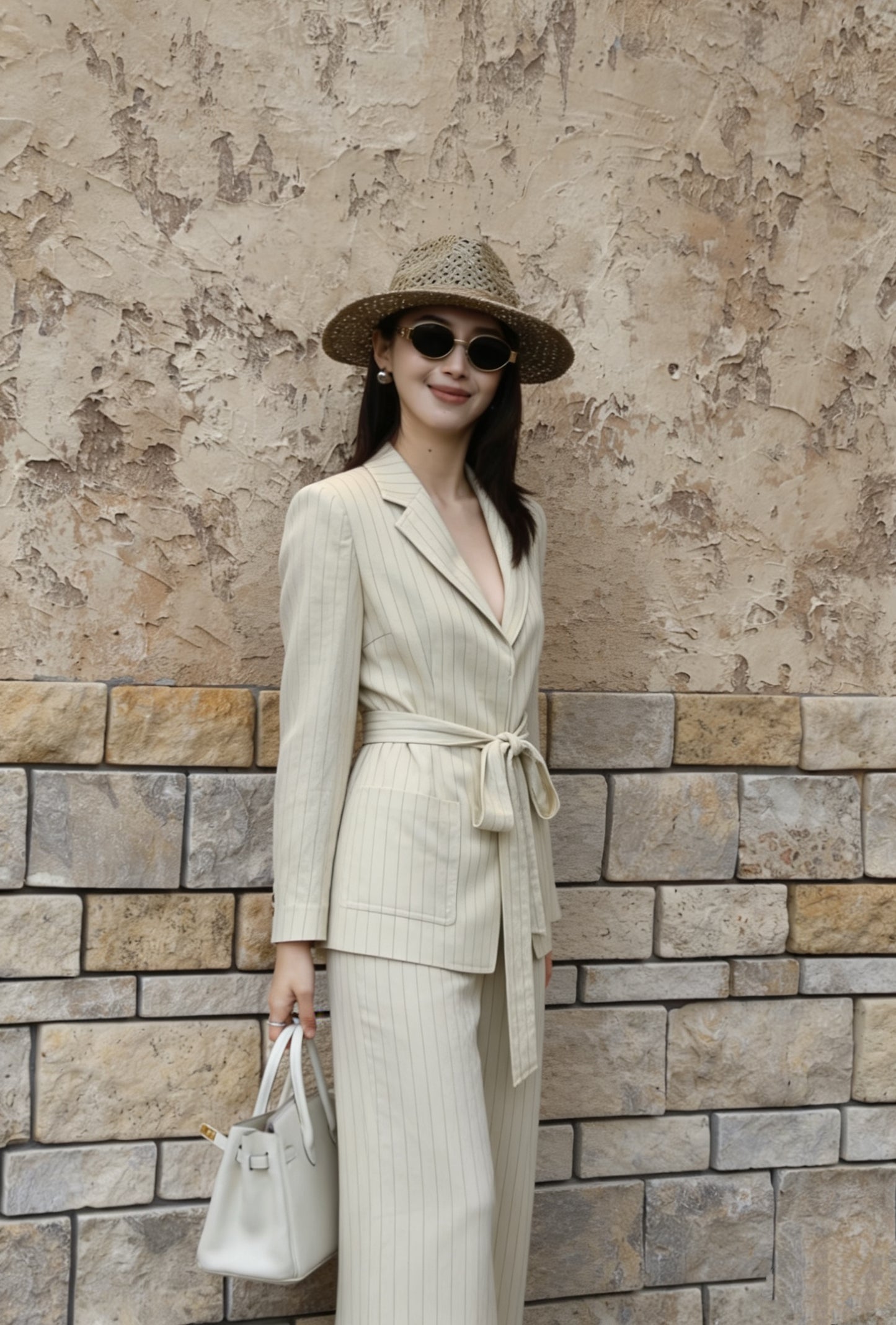 ictoire Cream Pinstripe Linen Suit
