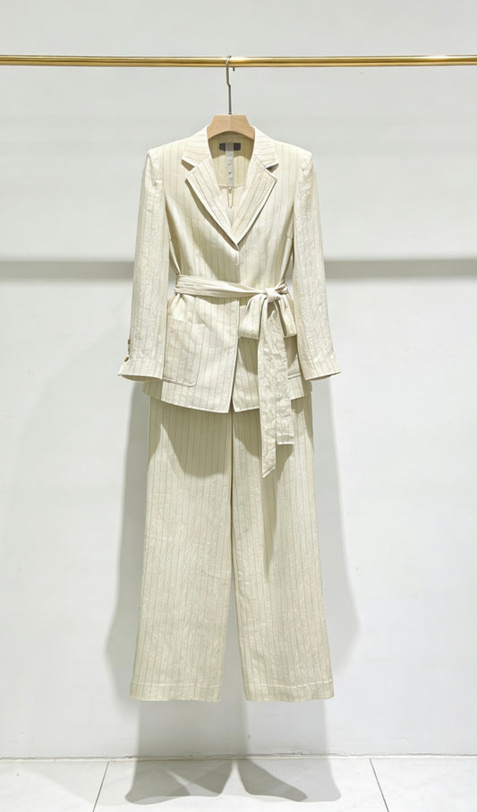 ictoire Cream Pinstripe Linen Suit