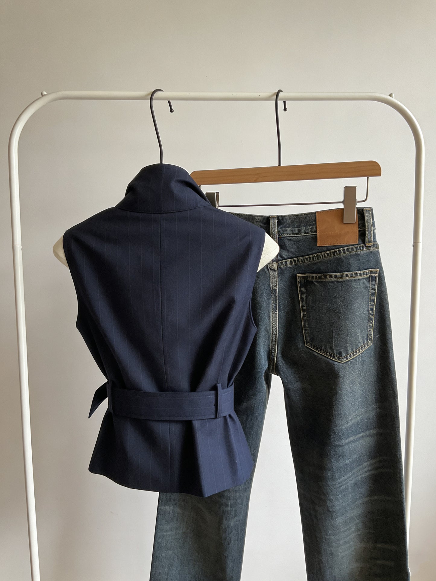 Mathilde Navy Pinstripe Belted Waistcoat