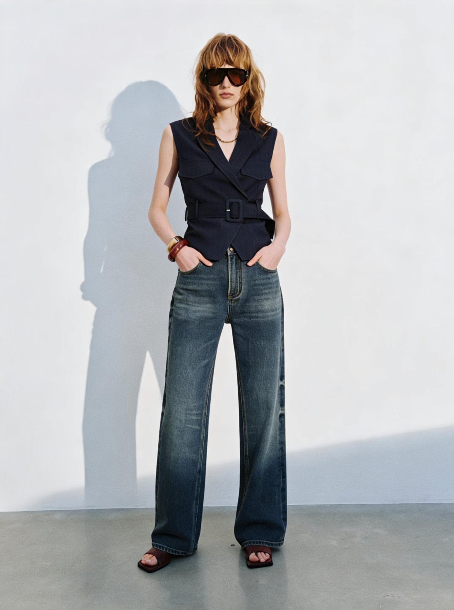 Mathilde Navy Pinstripe Belted Waistcoat