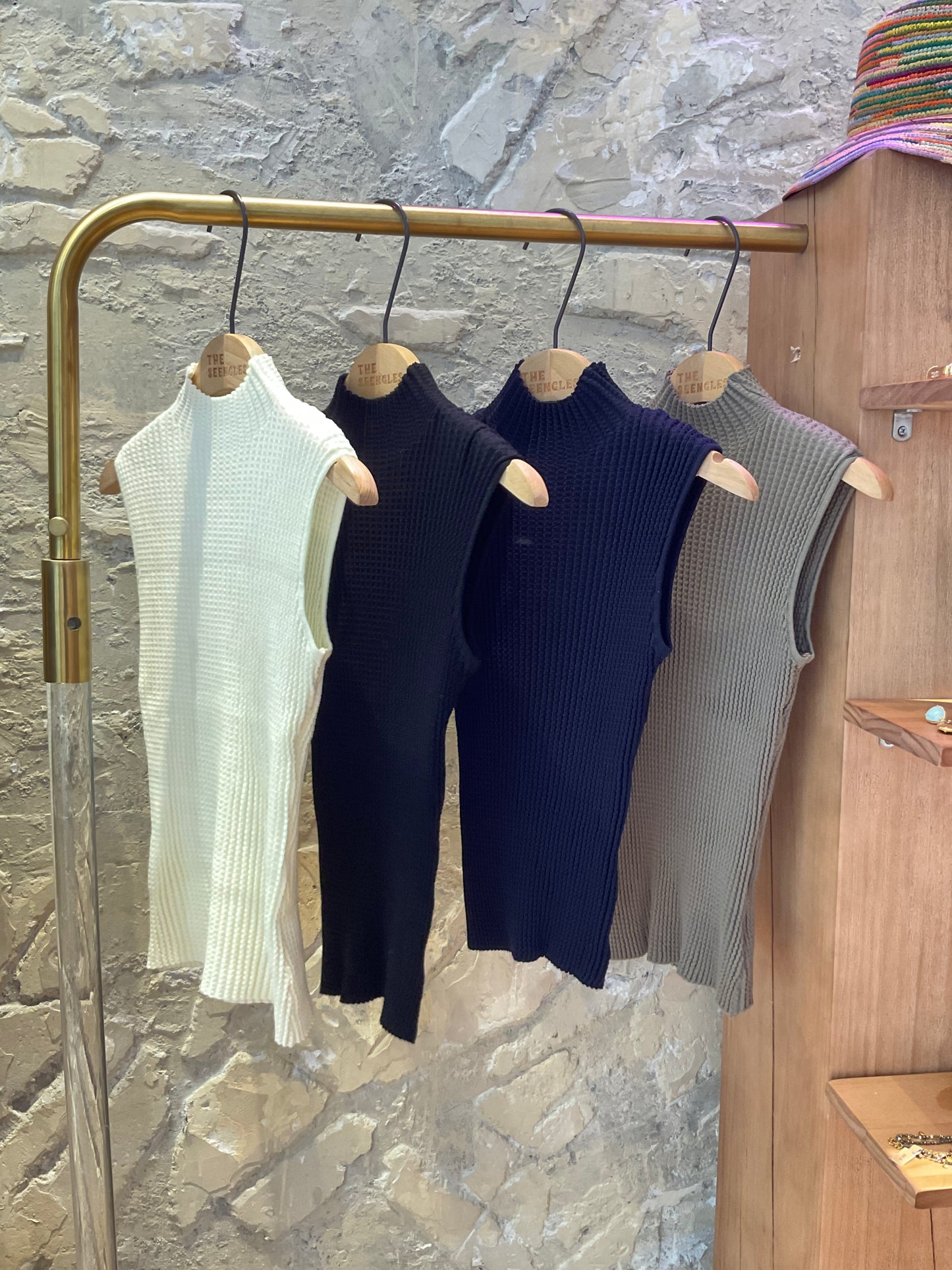 Louise Waffle-Knit Mock Neck Sleeveless Top