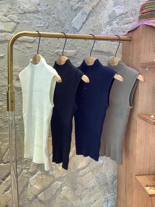 Louise Waffle-Knit Mock Neck Sleeveless Top