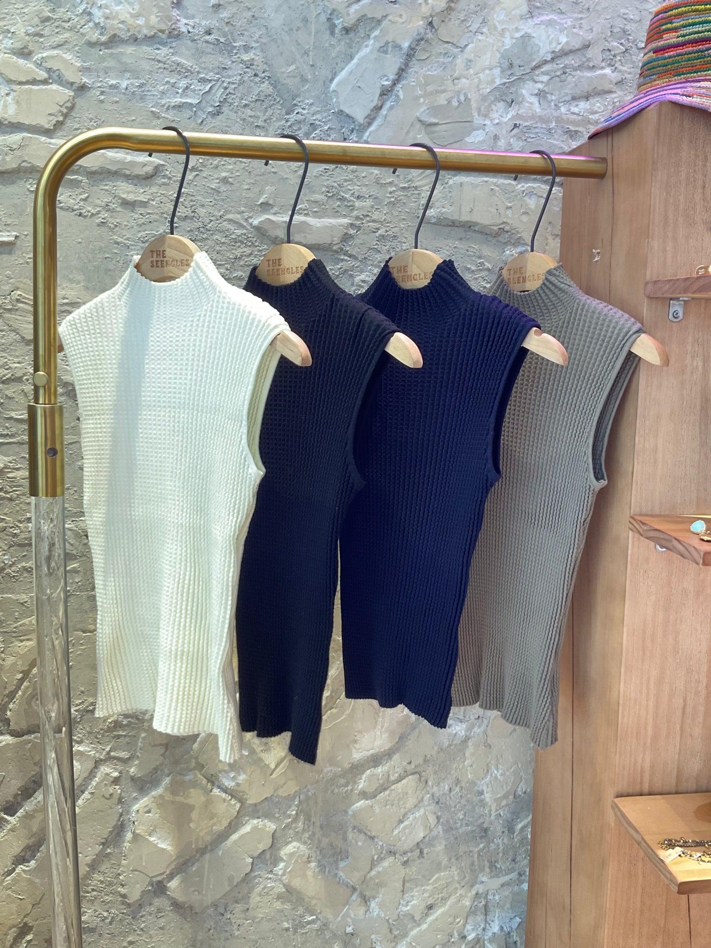 Louise Waffle-Knit Mock Neck Sleeveless Top