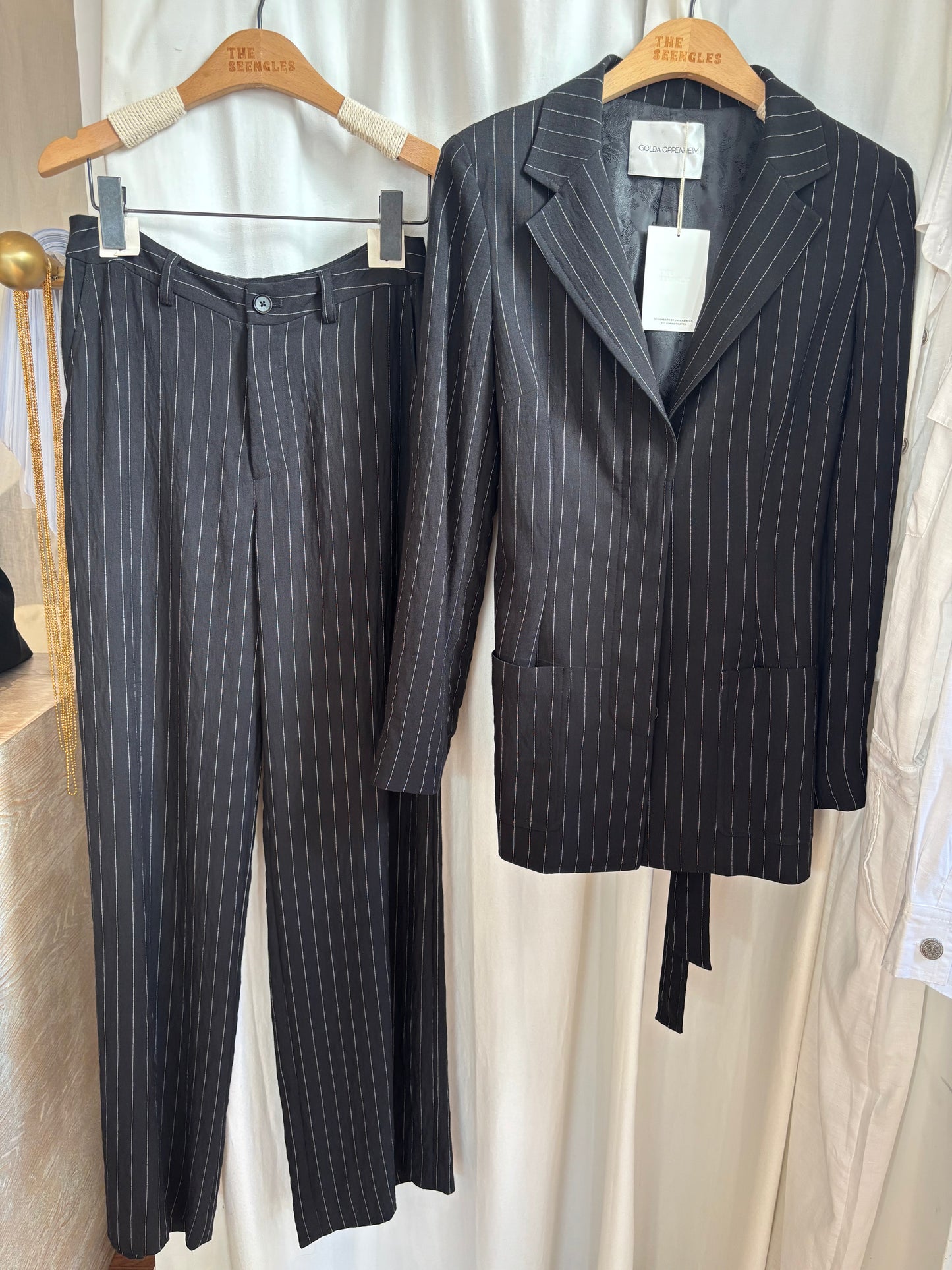 ictoire Cream Pinstripe Linen Suit