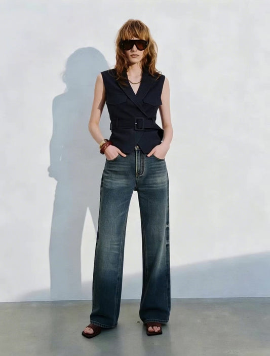 Mathilde Navy Pinstripe Belted Waistcoat